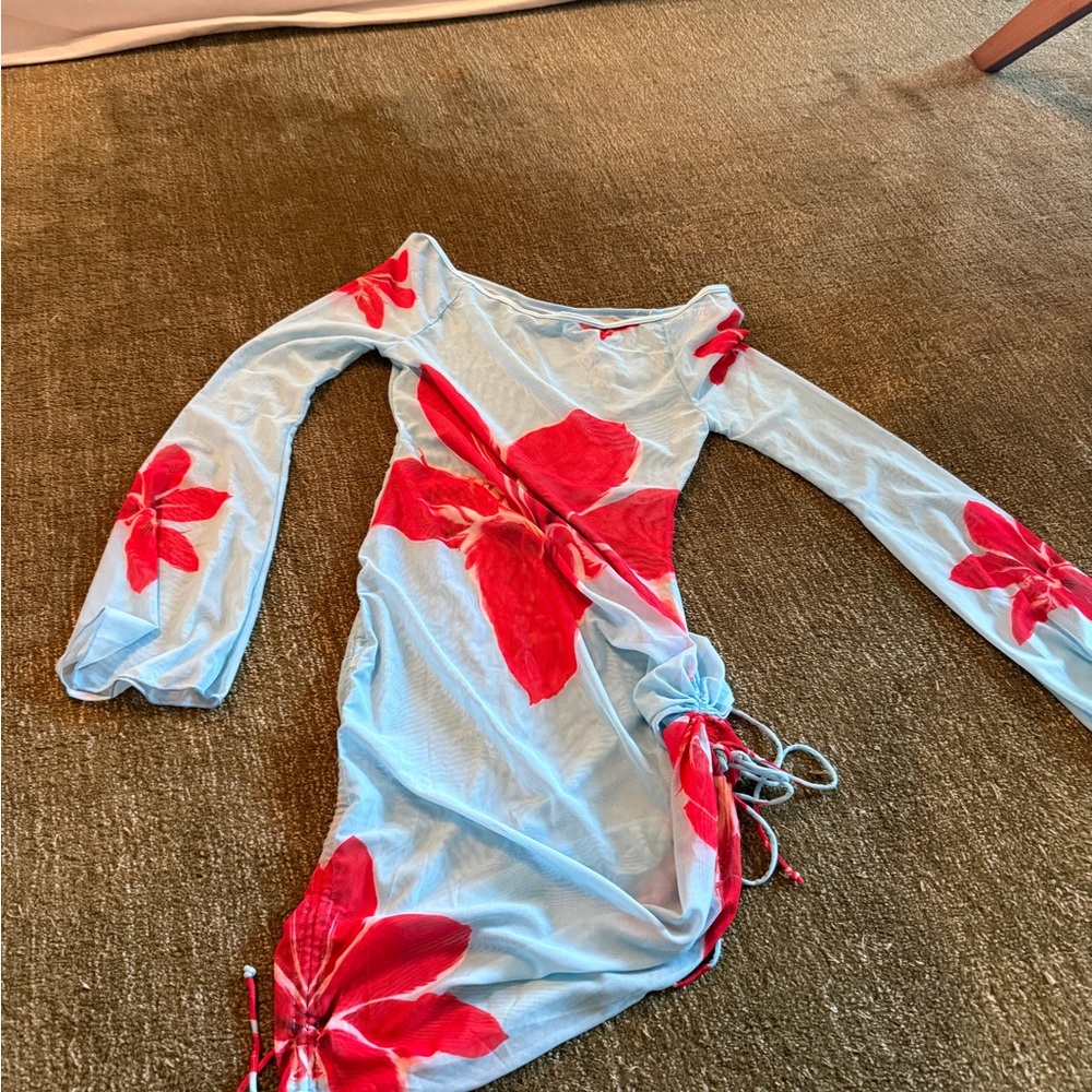 Light Blue Mesh Cover Up with Red Floral Print